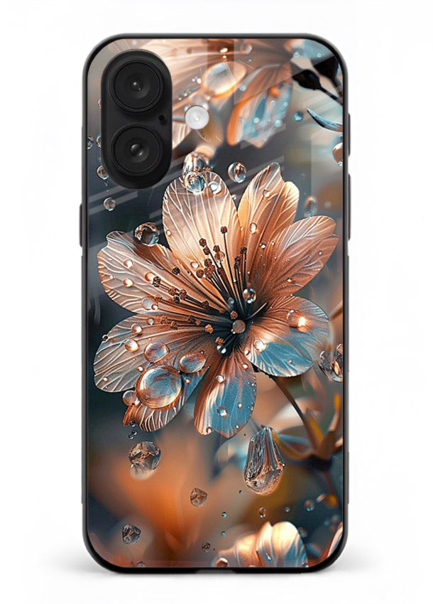 Blue-orange floral bloom artwork on iphone 16 plus glass back cover with vivid contrasting petals.