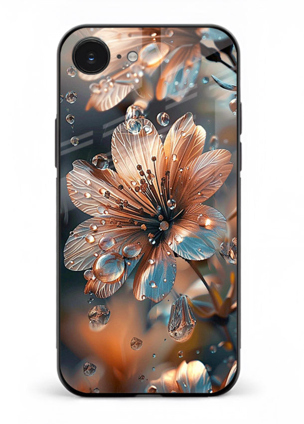 Blue-orange floral bloom artwork on iphone 16e glass back cover with vivid contrasting petals.