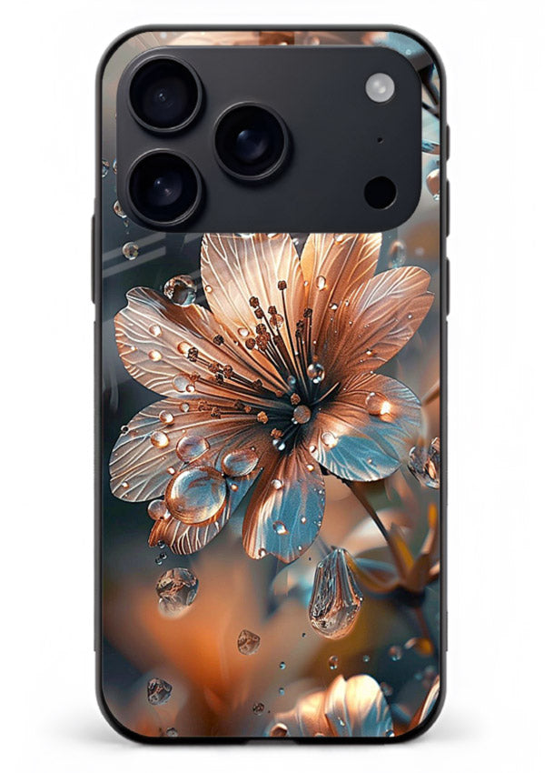 Blue-orange floral bloom artwork on iphone 18 pro max glass back cover with vivid contrasting petals.