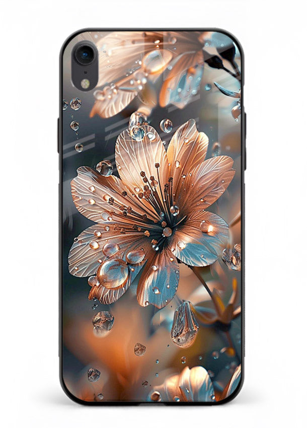Blue-orange floral bloom artwork on iphone xr glass back cover with vivid contrasting petals.