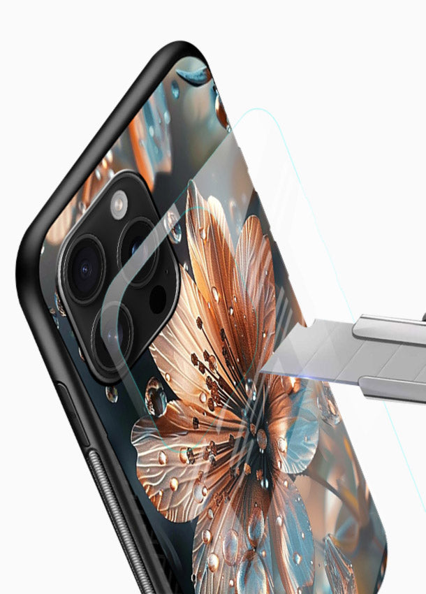 Blue-orange floral bloom artwork on glossy vibrant premium glass back cover with vivid contrasting petals. - Angle Blade
