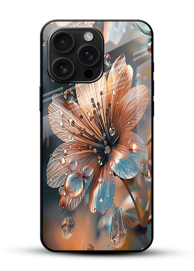Blue-orange floral bloom artwork on glossy vibrant premium glass back cover with vivid contrasting petals. - Angle Front