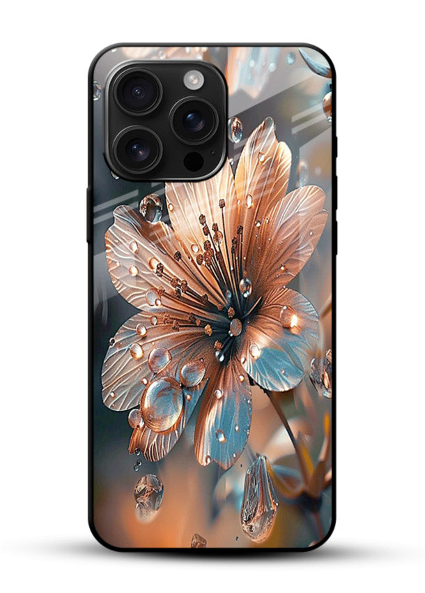 Blue-orange floral bloom artwork on glossy vibrant premium glass back cover with vivid contrasting petals. - Angle Front