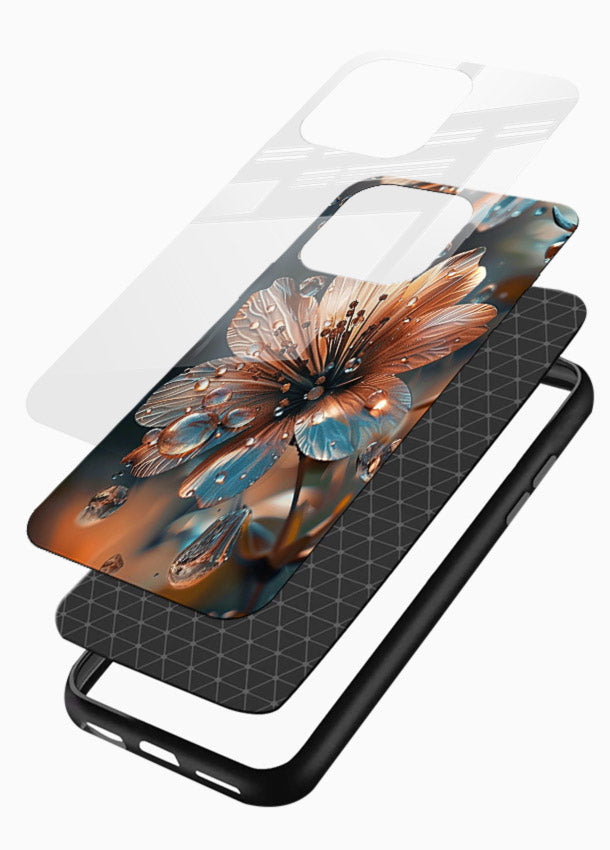 Blue-orange floral bloom artwork on glossy vibrant premium glass back cover with vivid contrasting petals. - Angle Layers