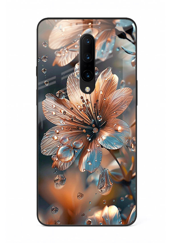 Blue-orange floral bloom artwork on OnePlus 7 Pro glass back cover with vivid contrasting petals.