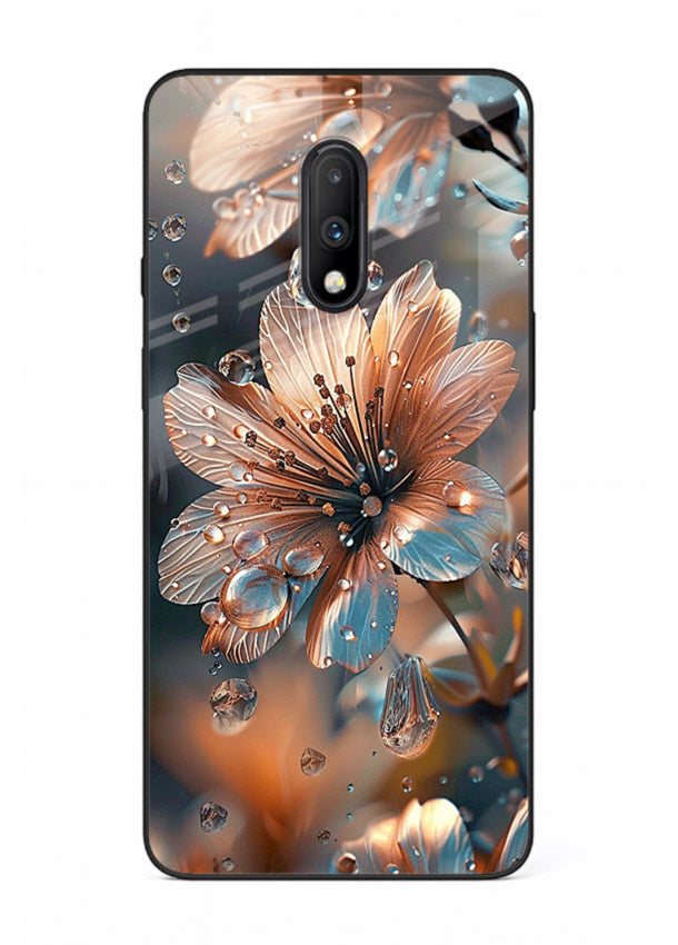 Blue-orange floral bloom artwork on OnePlus 7 glass back cover with vivid contrasting petals.