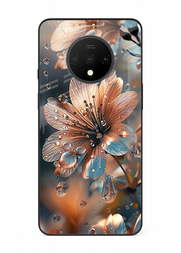 Blue-orange floral bloom artwork on OnePlus 7T glass back cover with vivid contrasting petals.
