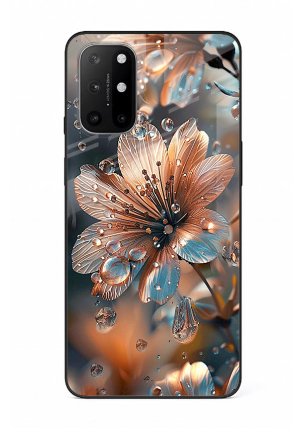 Blue-orange floral bloom artwork on OnePlus 8T glass back cover with vivid contrasting petals.