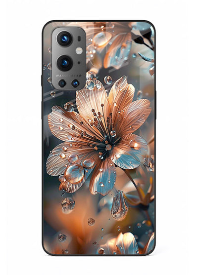 Blue-orange floral bloom artwork on OnePlus 9 glass back cover with vivid contrasting petals.