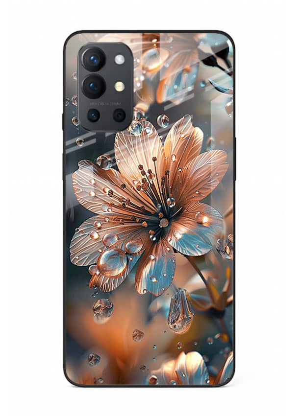 Blue-orange floral bloom artwork on OnePlus 9R glass back cover with vivid contrasting petals.