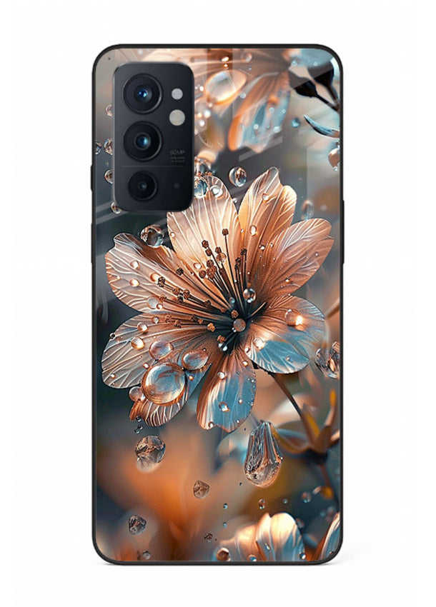 Blue-orange floral bloom artwork on OnePlus 9RT glass back cover with vivid contrasting petals.