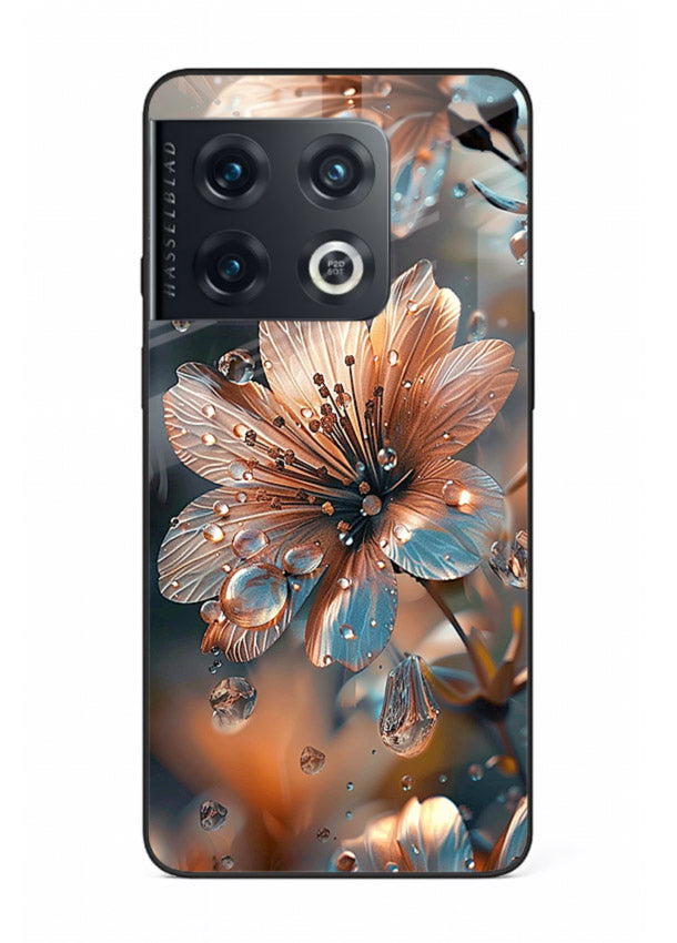 Blue-orange floral bloom artwork on OnePlus 10 Pro glass back cover with vivid contrasting petals.