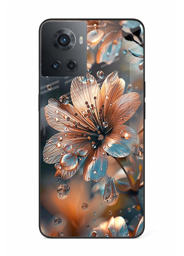 Blue-orange floral bloom artwork on OnePlus 10R glass back cover with vivid contrasting petals.