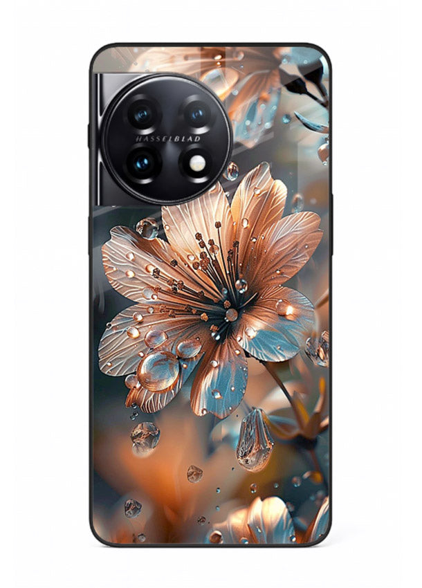 Blue-orange floral bloom artwork on OnePlus 11R glass back cover with vivid contrasting petals.