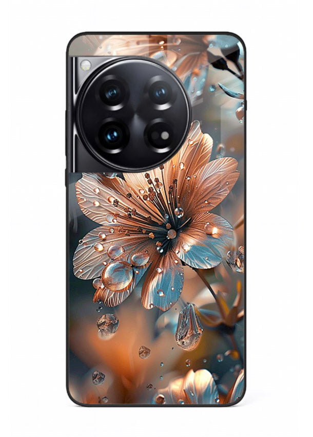 Blue-orange floral bloom artwork on OnePlus 12 glass back cover with vivid contrasting petals.