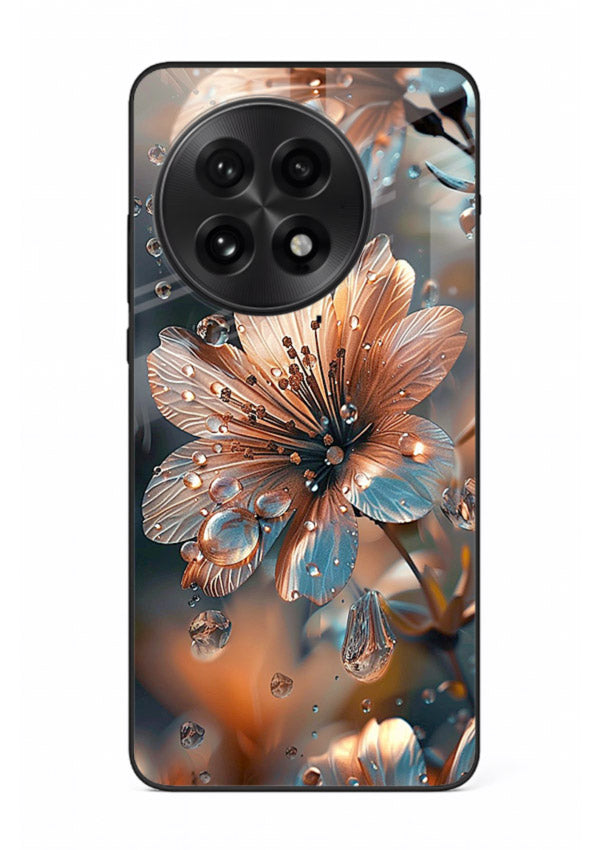 Blue-orange floral bloom artwork on OnePlus 13R glass back cover with vivid contrasting petals.