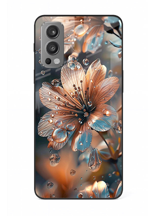 Blue-orange floral bloom artwork on OnePlus Nord 2 glass back cover with vivid contrasting petals.