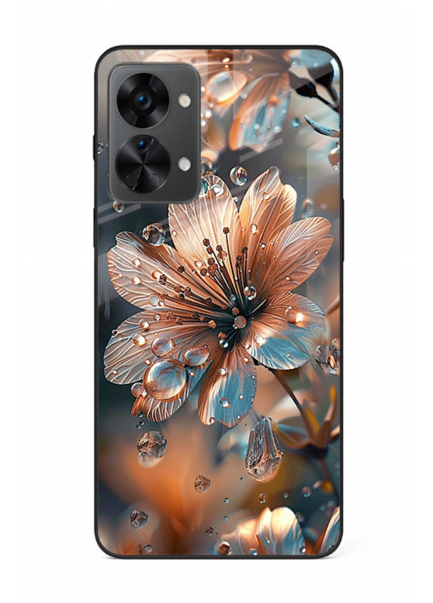 Blue-orange floral bloom artwork on OnePlus Nord 2T glass back cover with vivid contrasting petals.
