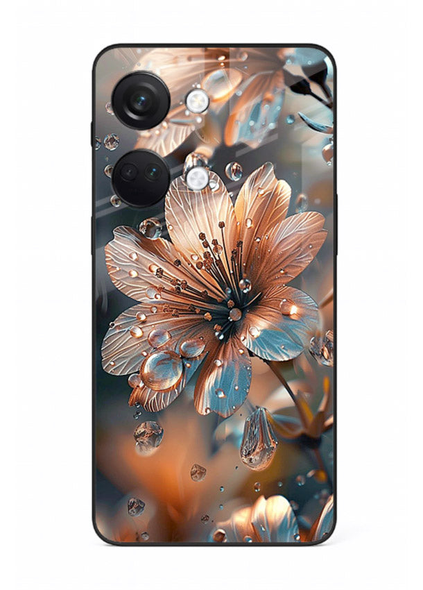 Blue-orange floral bloom artwork on OnePlus Nord 3 glass back cover with vivid contrasting petals.