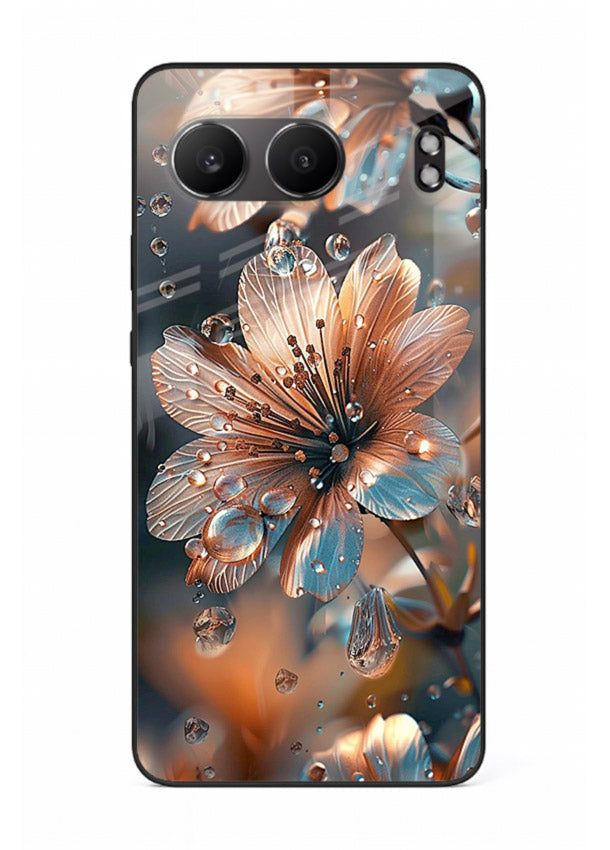 Blue-orange floral bloom artwork on OnePlus Nord 4 glass back cover with vivid contrasting petals.