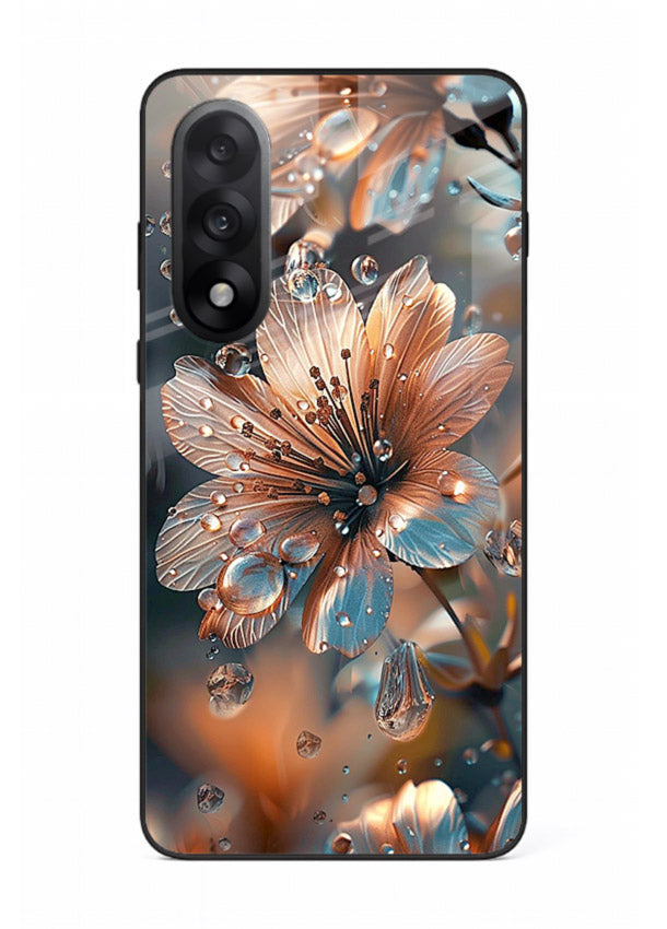 Blue-orange floral bloom artwork on OnePlus Nord 5 glass back cover with vivid contrasting petals.