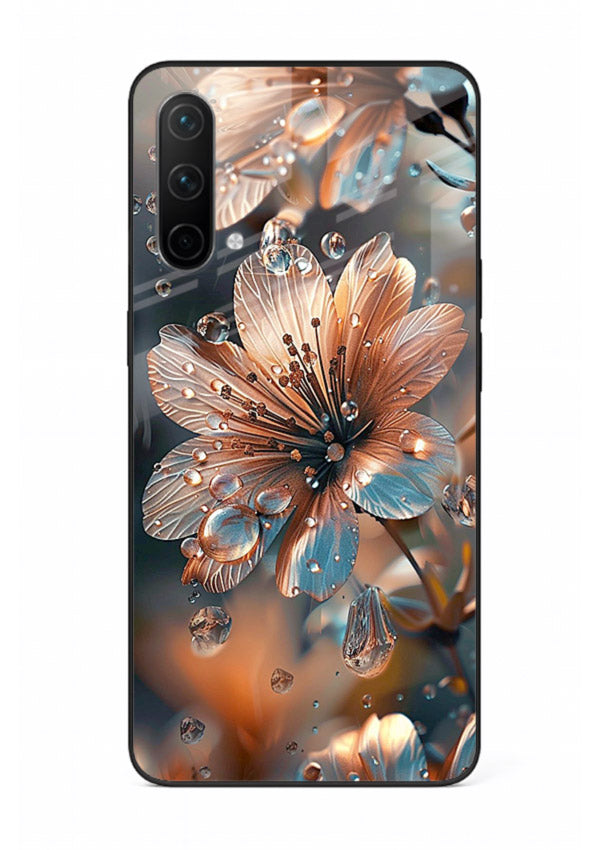 Blue-orange floral bloom artwork on OnePlus Nord CE 5G glass back cover with vivid contrasting petals.