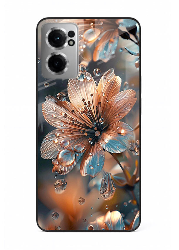 Blue-orange floral bloom artwork on OnePlus Nord CE2 5G glass back cover with vivid contrasting petals.