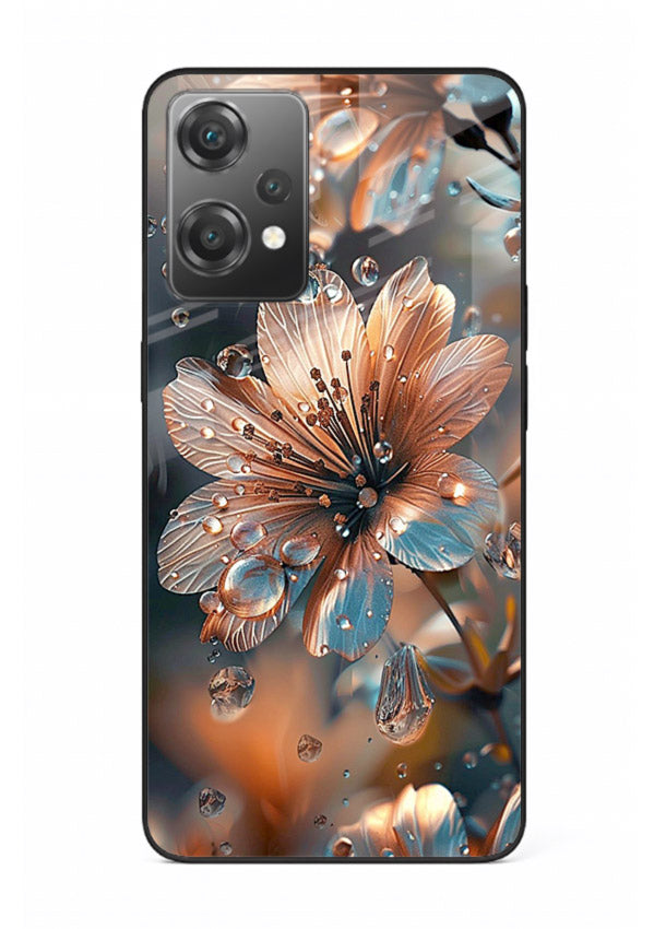 Blue-orange floral bloom artwork on OnePlus Nord CE2 Lite 5G glass back cover with vivid contrasting petals.