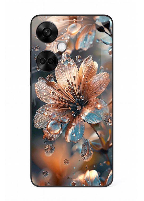 Blue-orange floral bloom artwork on OnePlus Nord CE3 glass back cover with vivid contrasting petals.