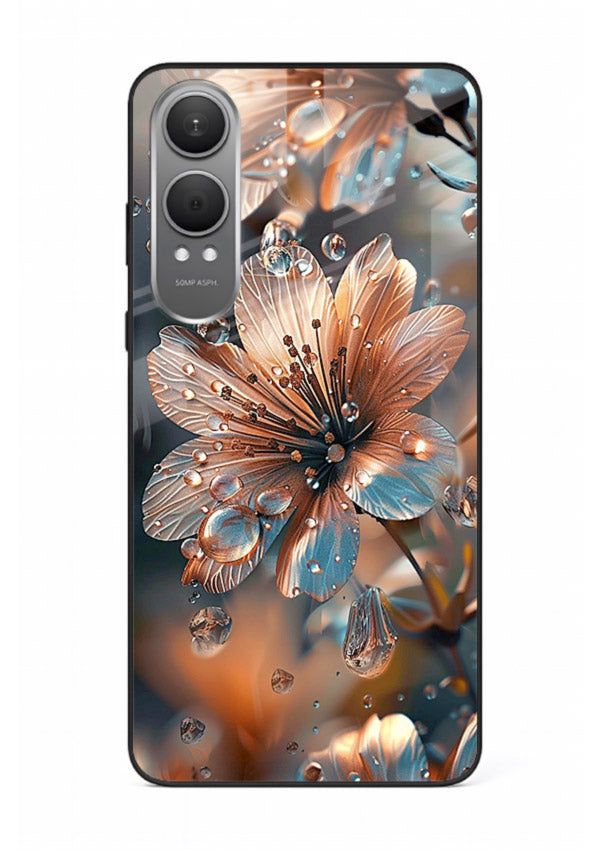 Blue-orange floral bloom artwork on OnePlus Nord CE4 Lite glass back cover with vivid contrasting petals.