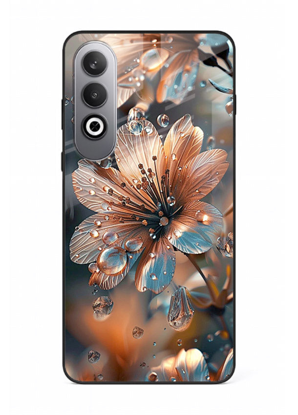 Blue-orange floral bloom artwork on OnePlus Nord CE4 glass back cover with vivid contrasting petals.