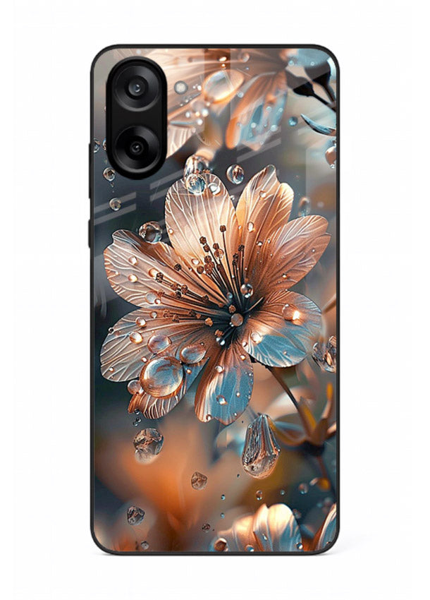 Blue-orange floral bloom artwork on OnePlus Nord CE5 glass back cover with vivid contrasting petals.