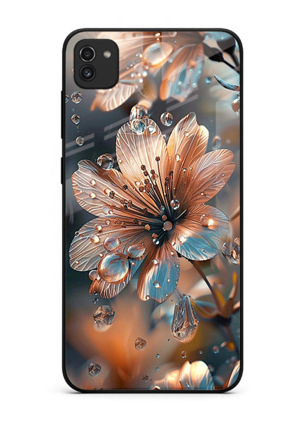 Blue-orange floral bloom artwork on Samsung A03 glass back cover with vivid contrasting petals.