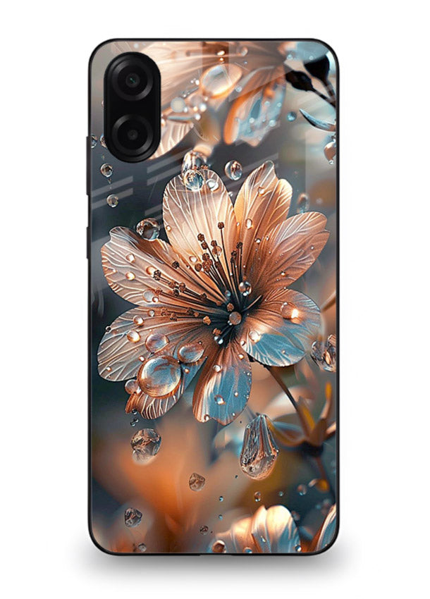 Blue-orange floral bloom artwork on Samsung A07 4G glass back cover with vivid contrasting petals.