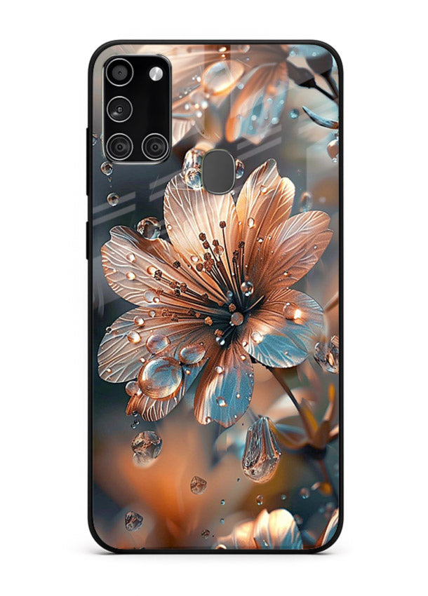 Blue-orange floral bloom artwork on Samsung A21s glass back cover with vivid contrasting petals.