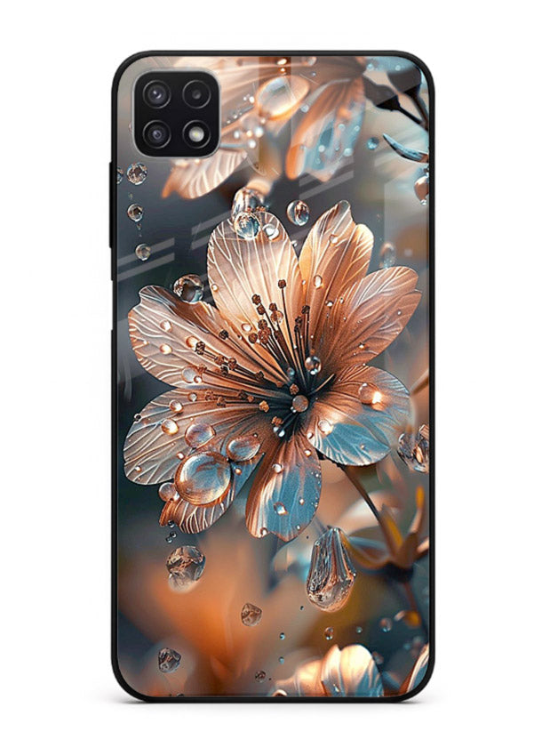 Blue-orange floral bloom artwork on Samsung F42 5G glass back cover with vivid contrasting petals.