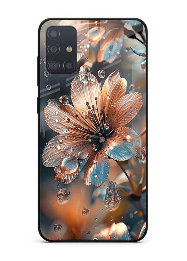 Blue-orange floral bloom artwork on Samsung A51 glass back cover with vivid contrasting petals.