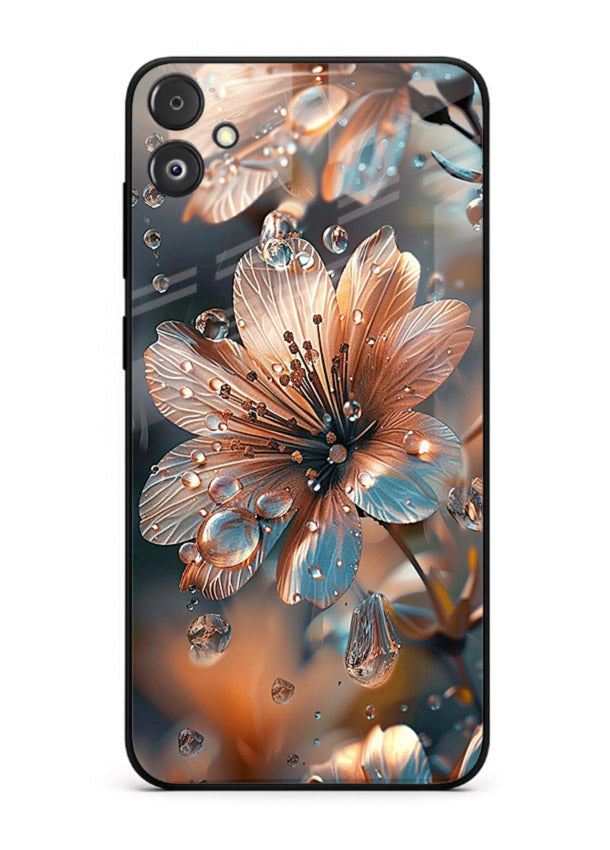 Blue-orange floral bloom artwork on Samsung F14 5G glass back cover with vivid contrasting petals.