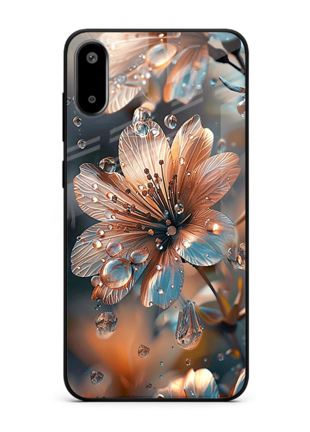 Blue-orange floral bloom artwork on Samsung F06 5G glass back cover with vivid contrasting petals.