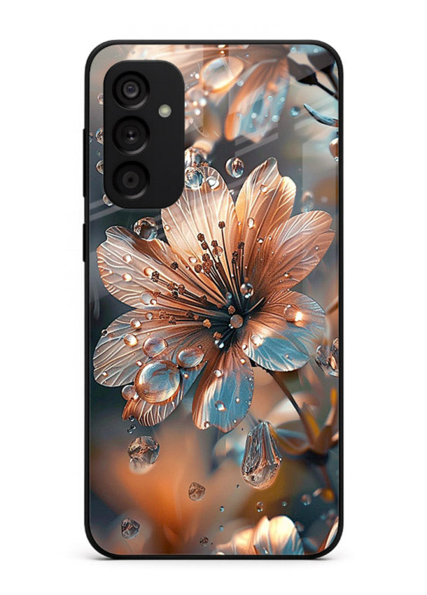 Blue-orange floral bloom artwork on Samsung A04s 5G glass back cover with vivid contrasting petals.