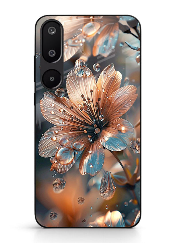 Blue-orange floral bloom artwork on Samsung F16 5G glass back cover with vivid contrasting petals.