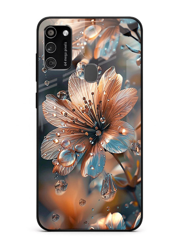 Blue-orange floral bloom artwork on Samsung M30s glass back cover with vivid contrasting petals.
