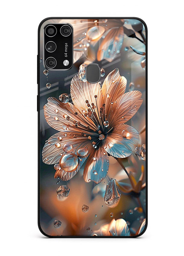 Blue-orange floral bloom artwork on Samsung M31 Prime glass back cover with vivid contrasting petals.