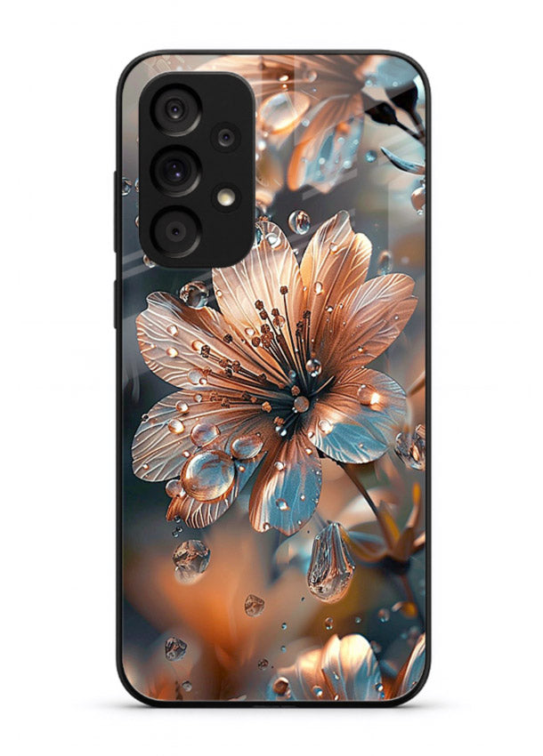 Blue-orange floral bloom artwork on Samsung A23 5G glass back cover with vivid contrasting petals.