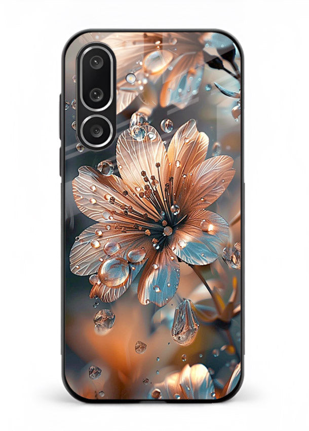 Blue-orange floral bloom artwork on Samsung M56 5G glass back cover with vivid contrasting petals.