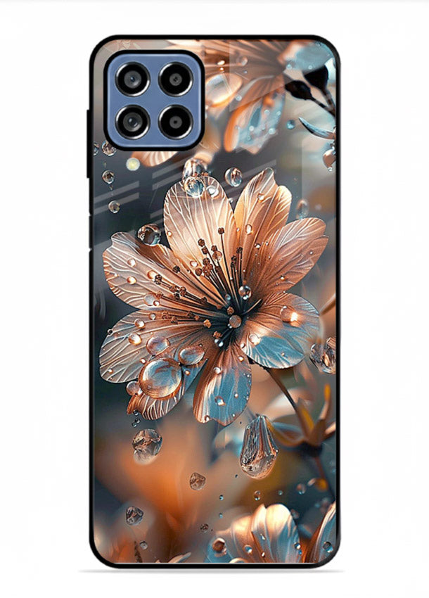 Blue-orange floral bloom artwork on Samsung M53 5G glass back cover with vivid contrasting petals.