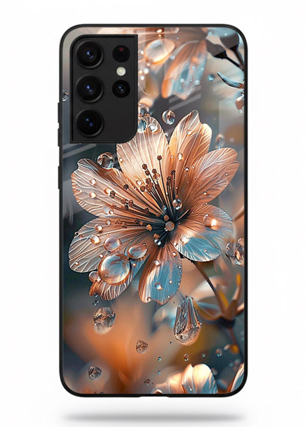 Blue-orange floral bloom artwork on Samsung S21 Ultra glass back cover with vivid contrasting petals.