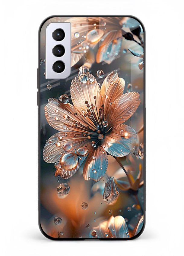 Blue-orange floral bloom artwork on Samsung S21 FE glass back cover with vivid contrasting petals.