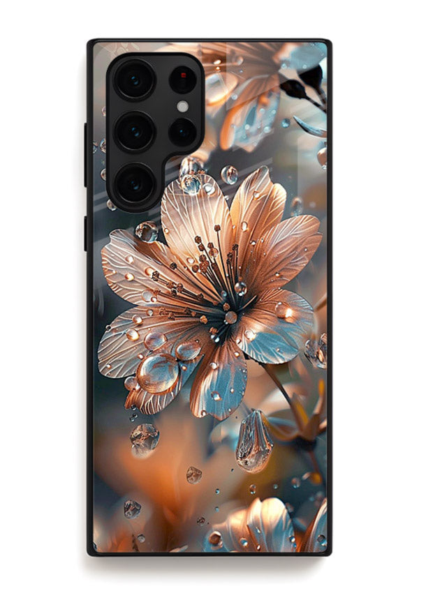 Blue-orange floral bloom artwork on Samsung S22 Ultra glass back cover with vivid contrasting petals.