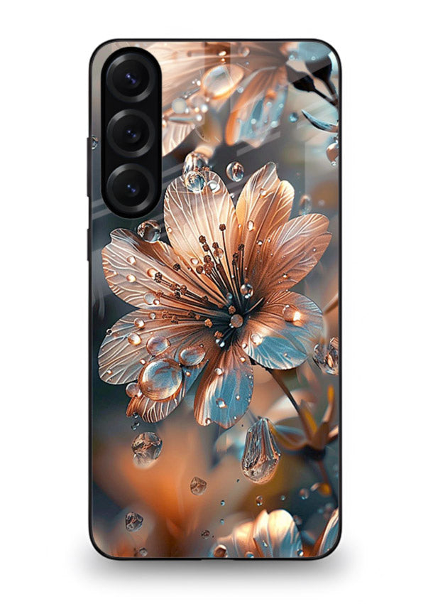 Blue-orange floral bloom artwork on Samsung A56 5G glass back cover with vivid contrasting petals.